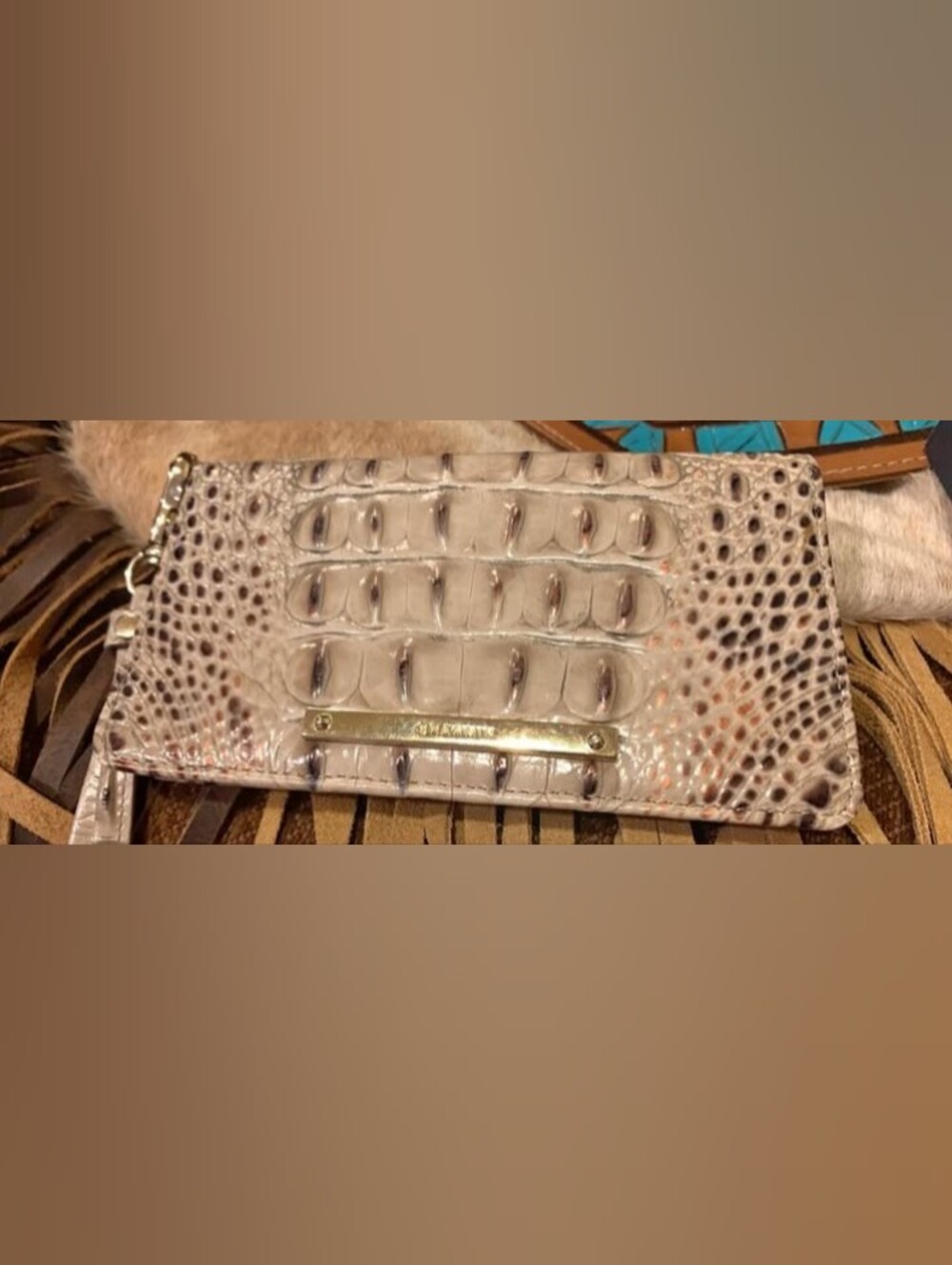 Brahmin Neutral Croc-Embossed Wristlet with Gold Bar - Picture 1 of 5